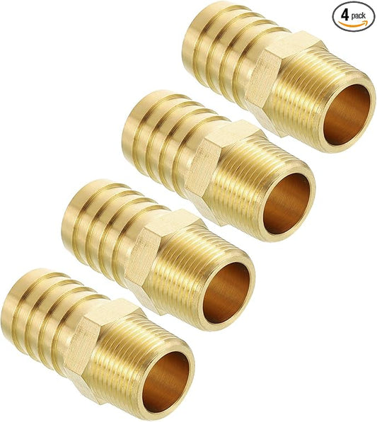 Pack of 4 Brass Hose Barb Fittings Adapter Connector 1" Hose Barb to 3/4" NPT Male Fittings for Home Machines, Massage Bathtubs, and Irrigation Systems
