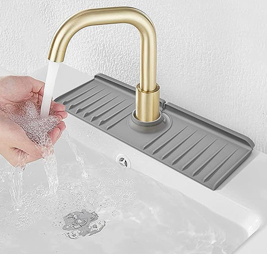 YATOISUR Sink Splash Guard 14.4” x 5.4” - Sink Faucet Mat with Faucet Water Catcher Mat & Soap Dish & Sponge Holder 3 in 1 - Silicone Faucet Handle Drip Catcher Tray for Kitchen RV & Bar Faucet, Grey