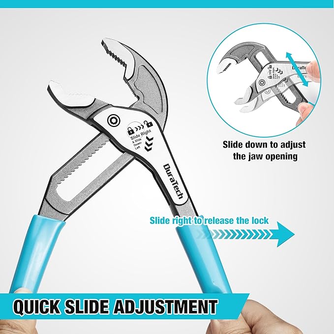 DURATECH 8-Inch Water Pump Pliers, Quick-Adjust Groove Joint Pliers, Tongue and Groove Plier with Slide-to-Unlock Mechanism, V-Jaw Design, CR-V Steel, for Plumbing, Automotive and Household Repairs