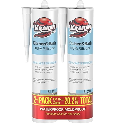 Kraken Bond Premium Kitchen and Bathroom Silicone Caulk White - (2x10.1 fl.oz) RTV White Caulking Silicone Waterproof for Kitchen, Bathroom, Shower, Sink, Anti Shrink 100% Silicone Caulking | 2 Pack