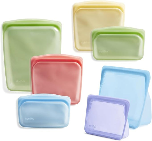 Stasher Premium Silicone Reusable Food Storage Bags, 7-Pack, Rainbow, Multi-Use Food Storage Bags, Lunch Bag, Travel Containers, BPA Free, Leak-free, Dishwasher-Safe, Eco-friendly | Reusable Food Bags