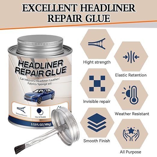 Car Headliner Glue, Upholstery Adhesive, Strong Automotive Interior Glue with Brush, Transparent Repair, Suitable for Fabric and Leather, 3.53OZ
