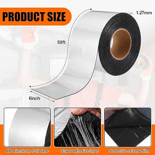 50 Mil Heavy Duty Aluminum Foil Rubber Tape, Waterproof, for Sealing Roof Flashing, and Repairs in Punctures in Trailers, Truck Bodies, Containers, RVs and Campers (6" X 50')