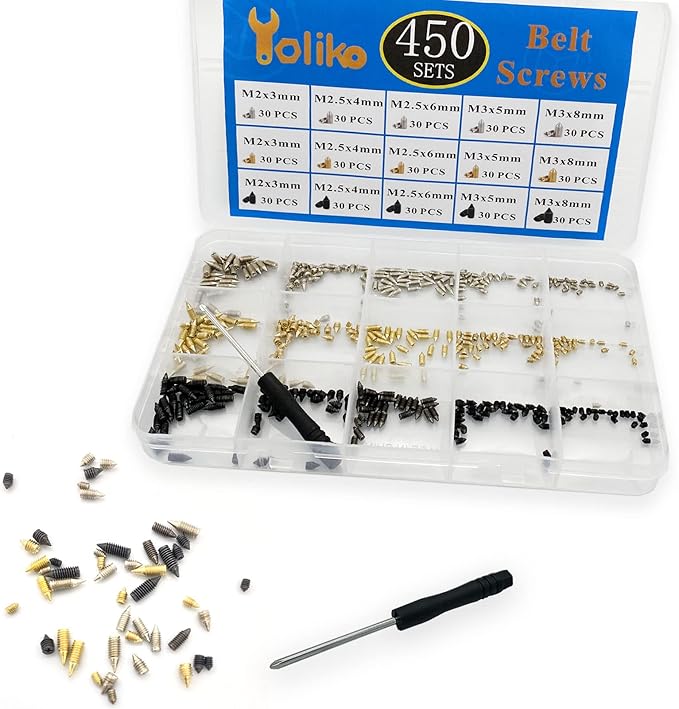 450 Pcs Nickel Plated Tip Screws Pointed Cross Slot Leather Accessories 3 Colors 5 Sizes Belt Screws Include M2x3，M2.5x4，M2.5x6，M3x5，M3x8 with 2mm Screwdriver for Belt Buckle Wallet Handbag Purse
