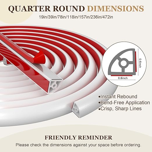 Flexible Quarter Round Molding (20 Ft / 240 Inch) - Waterproof Self-Adhesive Silicone Trim for Floor Gaps & Bathtubs, Easy No-Tool Installation, Paint-Free Gap Cover