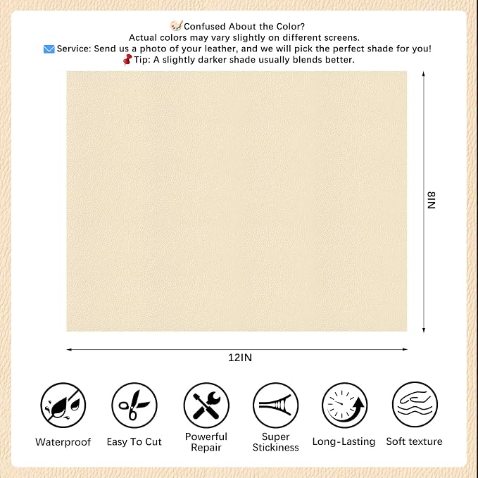 2 Pcs Beige Leather Repair Tape, 8x12 Inch Leather Repair Patch Self-Adhesive, Waterproof Faux Leather Patch, Vinyl Repair Tape for Couch, Sofas, Furniture, Office Chair, Car Seats