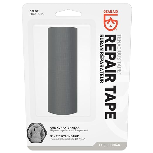 GEAR AID Tenacious Tape 3” x 20” Fabric and Vinyl Gear Repair Tape, Fix Holes and Rips in Puffy Jackets, Rain Gear, Tents, Sleeping Bags and Outdoor Equipment, Gray, 1 Roll