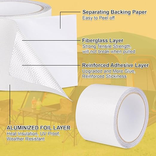 RV Awning Repair Tape Heavy Duty Waterproof Tent Tape for Tarp,Canvas,Tarpaulin,Car and Boat Covers Tent Repair Patch Kit Outdoor UVproof Repair Tape White