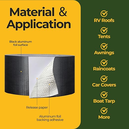 RV Awning Repair Tape for Tarp Outdoor Repair Tape for Canvas, Boat Covers, Tent, Sail, Waterproof, UVproof, Black