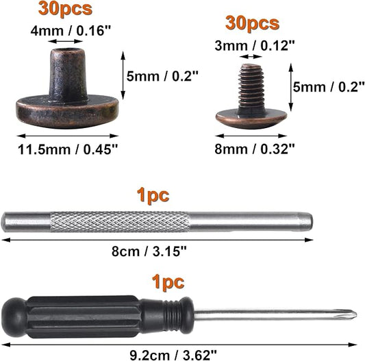 YORANYO 30Sets Chicago Screws Leather Rivets Screw Rivets Metal Studs for Clothing Chicago Binding Screws Spike and Studs for Decorate Repair Shoes Belts Bag Purse Dog Collar Clothing (Antique Copper)