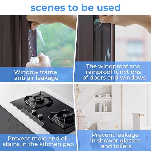 Transparent Window Weather Sealing Tape，Weather Stripping Residue-Free Clear Window Insulation Caulk Tape for Doors Windows and Shower Glass Gaps Bathroom，Weather Stripping Door Seal(2IN x 16.4FT)