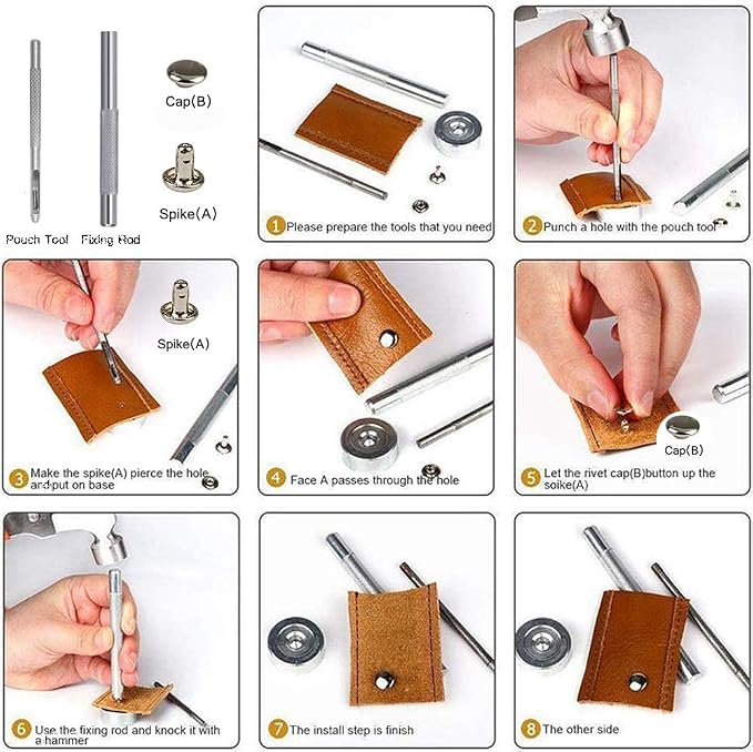 360 Sets Leather Rivets, Double Cap Rivets for Fabric, with Setting Tool Kit for Crafts Repairs/Clothing/Belts Strap