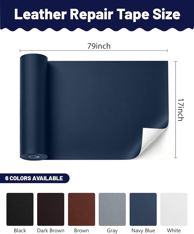 BOUYEER Leather Repair Patch Tape Kit,Self Adhesive Leather Repair for Sofa，Car Seat,Office Chair,Furniture,Jacket,Waterproof Strong Adhesive Vinyl Repair Kit. 17 in x 79 in,Fine Grained Navy Blue