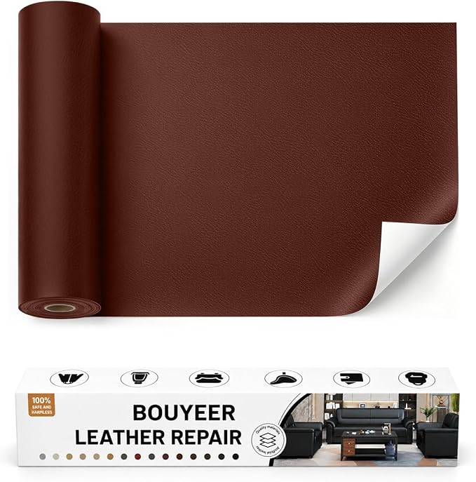 BOUYEER Leather Repair Patch Tape Kit,Self Adhesive Leather Repair for Sofa，Car Seat,Office Chair,Furniture,Jacket,Waterproof Strong Adhesive Vinyl Repair Kit. 16 in x 31 in,Fine Grained Brown
