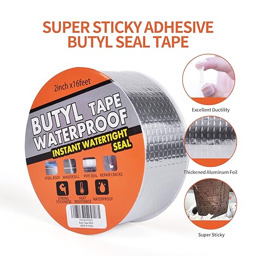 TAPEBEAR Butyl Tape Waterproof Sealing Tape Aluminum Foil Tape, for RV Repair, Window, Silicone, Glass & EDPM Roof Leak Patching, Boat and Pipe Sealing, Silver, 2inch x16feet