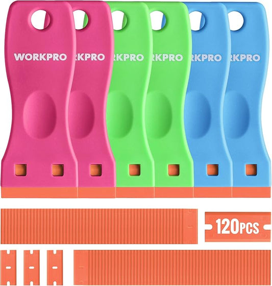 WORKPRO 6-Piece Plastic Razor Blade Scraper with 120 Pcs Plastic Razor Blades, for Gasket Remover, Labels Decal and Adhesive Remover for Windows and Glass