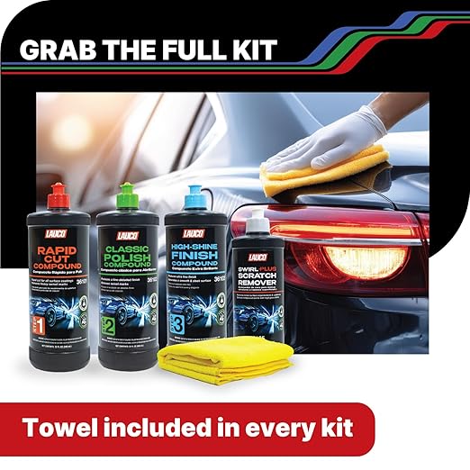 LAUCO 3-Step Kit – Steps 1 2 3 – 32oz, + Swirl Remover – 8oz, with a Towel, Professional Silicone-Free Cutting, Polishing & Finishing Compounds for Scratch Removal, Clear Coat Safe High-Gloss Finish