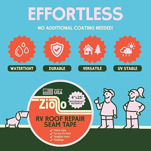 Ziollo RV Roof Repair Seam Tape with Roller - 4" x25' Waterproof Tape for Campers, Motorhomes & Trailers - Works on EPDM, TPO, Metal & Fiberglass (White)