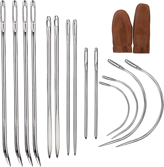 16 Pcs Heavy Duty Sewing Kit - Curved, Sack, Hand Needles, Finger Cots for Leather, Upholstery, Carpet & Canvas Repair