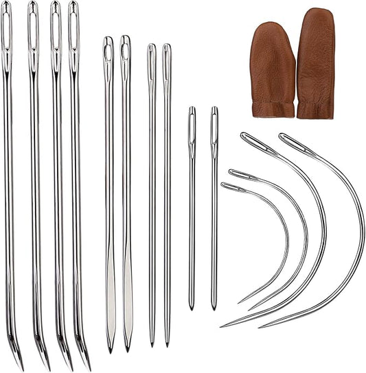 16 Pcs Heavy Duty Sewing Kit - Curved, Sack, Hand Needles, Finger Cots for Leather, Upholstery, Carpet & Canvas Repair