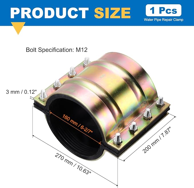 Water Pipe Repair Clamp, 7.87 Inch Length, 6-2/7 Inch ID Carbon Steel Leak Sealer Clamp, Leak Stoppers Pipe Repair Kit for 160mm OD PE PVC PPR Steel Iron Pipes
