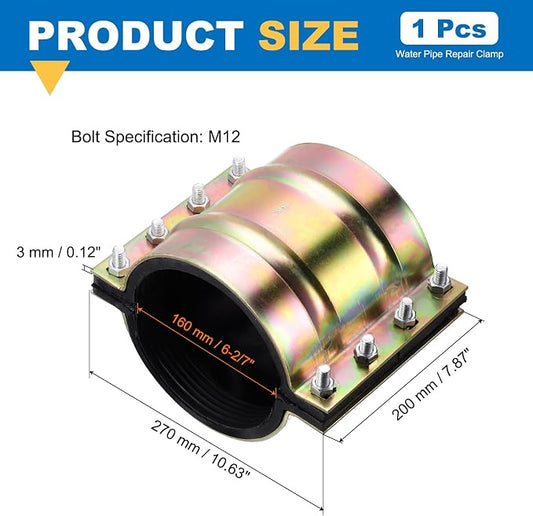 Water Pipe Repair Clamp, 7.87 Inch Length, 6-2/7 Inch ID Carbon Steel Leak Sealer Clamp, Leak Stoppers Pipe Repair Kit for 160mm OD PE PVC PPR Steel Iron Pipes