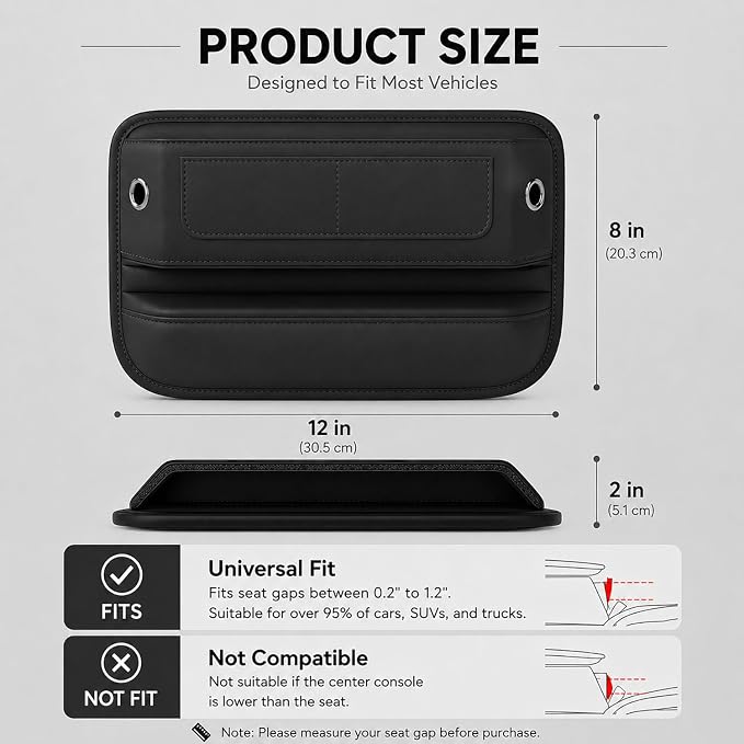 Car Gap Seat Filler, 2 Pack Seat Gap Filler Organizer with Storage Pocket, PU Leather Front Seat Organizer for Phone, Keys, Wallet, Cards and Sunglasses, Universal Fit for Cars SUVs Trucks