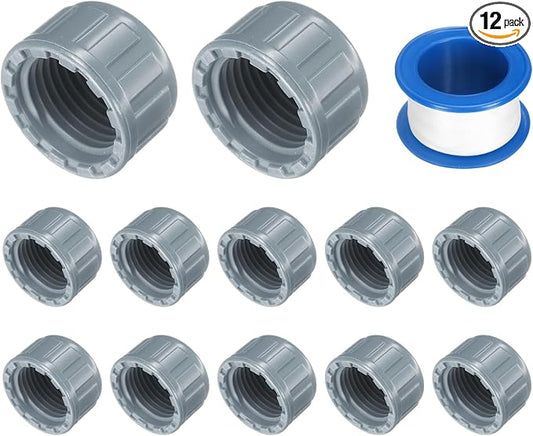 uxcell 12Pcs 1/2 Inch PT Female Thread PVC Pipe Fitting Cap, Cleanout Water Drain End Caps, Pipe Plug Socket Fittings with Tape for Water Heater Supply Lines, Plumbing, Gray
