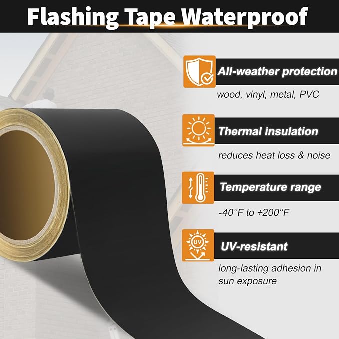 Flashing Tape for Windows and Doors, 3.75 in x 30 ft Roll, Acrylic Adhesive, Black Self-Adhesive Flashing Tape, Waterproof, UV Resistant, Great for Sealing Doors, Windows, and Construction & Repairs