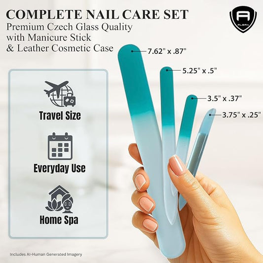 Alban Czech Glass Nail File Set with Manicure Stick & Vegan Leather Cosmetic Case (Turquoise Nail Files, Light Blue Manicure Stick & Cosmetic Case)