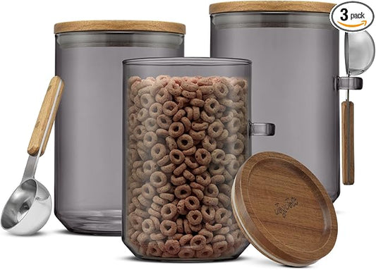 JoyJolt Holden 32oz Stackable Glass Storage Containers with Lids and Scoops, Airtight Food Canister Set of 3 w/Acacia Wood Lids, Round Stacking Pantry and Kitchen Containers w/Scoop | Smoke