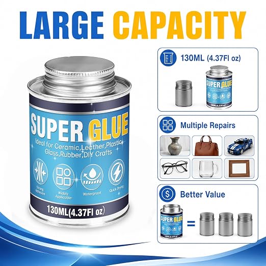 Super Glue, 4.37 Fl OZ All-Purpose Strong Adhesive for Plastic, Metal, Ceramic, Leather, Wood, Fast-Drying Cyanoacrylate Glue with Brush Applicator for DIY and Household Repairs, Long-Lasting Bond