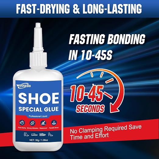 WOUSEDO Shoe Glue 2 x 30g, Flexible & Waterproof Instant Adhesive | Quick Dry in Seconds, Heavy Duty Clear Glue for Sole Repair on Sneakers, Boots, Heels, Hiking Shoes, Leather & Rubber