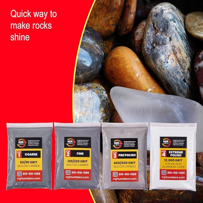 Rock Tumbler Grit Kit Refill with 12,000 Grit Polish, Silicon Carbide & Aluminum Oxide, Stone Polishing Kit with Plastic Pellets for 3lb Rotary & Vibratory Tumblers