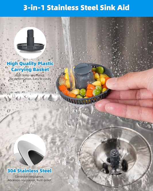 Hibbent Upgraded 3 in 1 Kitchen Sink Drain Strainer and Stopper Combo, Stainless Steel Metal Pop Up Sink Stopper, 3 Anti-Clogging Basket Strainer with Handle for US Standard 3-1/2 Inch Drain