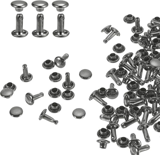 HARFINGTON 100 Sets Double Cap Leather Rivets, 6x8mm Round Cap Tubular Metal Studs Leather Crafting Rivets for Fabric Belt Pet Collar Boot Bag Repair and Decoration, Gunmetal