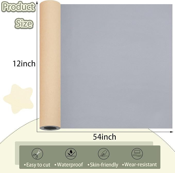Gray Leather Repair Patch Tape, 12×54 Inch Self Adhesive Leather Repair Kit Vinyl Repair Tape for Furniture, Sofa Leather Repair Patch Waterproof for Car Seat, Office Chair, Boat Cover 1 Roll