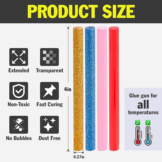 300 Pack Colored Hot Glue Sticks, 4" Long x 0.27" Diameter Mini Hot Glue Sticks, Perfect Fit for Mini Glue Guns, Widely Used in Wood, Metal, Glass, Plastic, Floral, Fabric, Leather, Foam