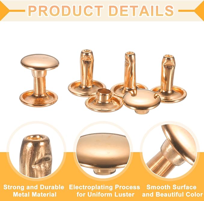 uxcell 120Set Leather Rivets, 12mm Double Cap Rivet Tubular Metal Studs Repairs Decoration Craft Accessories for Repair Decorate Leather Craft Belt Bag Shoes Purse Belts, Light Gold
