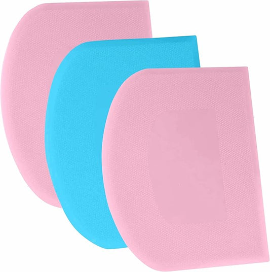 SURDOCA Dough Scraper Bench Scraper - 3P 9.5x6.1" Plastic Flexible Bowl Scraper, Sharp Edge & Angles Cake Scraper. Non-Slip Bakeware Decorating Tools Sculpting & Modeling Tools - Pink+Blue+Pink