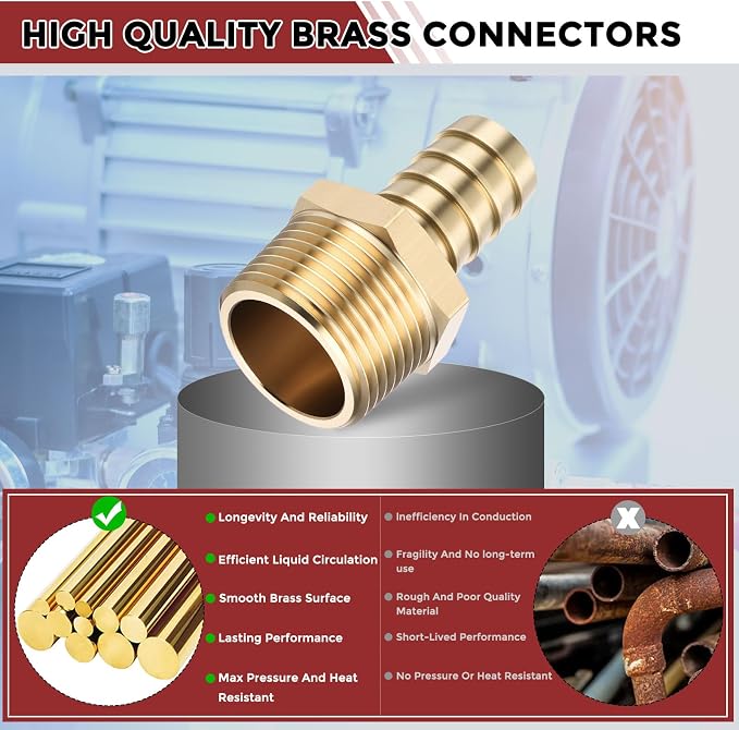 Pack of 8 Brass Hose Barb Fittings Adapter Connector 5/8" Hose Barb to 3/4" NPT Male Fittings for Home Machines, Massage Bathtubs, and Irrigation Systems