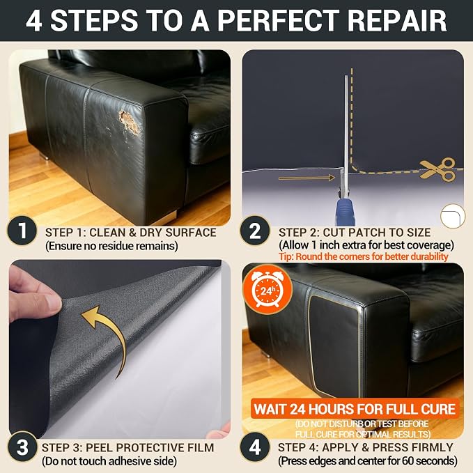 Self Adhesive Leather Repair Patch, Leather Patches for Furniture, Leather Repair Tape for Couch Sofa Car Seat Chair Furniture Repair, Leather Repair Kit (Black-Fine Grain, 34X79 Inch)