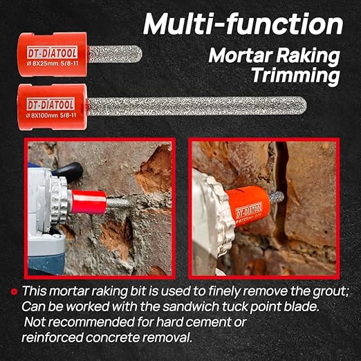 DT-DIATOOL Diamond Mortar Raking Bit for Brick Joints Stone Masonry Granite Diameter 5/16"x1" (8x25mm), 5/8 inch-11 Thread Router Bit