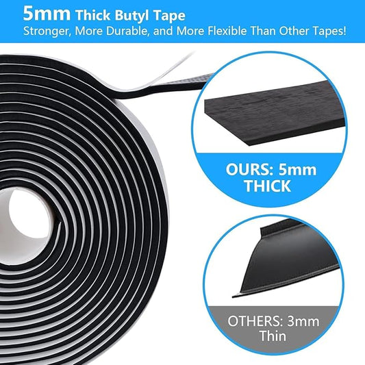 LLPT Butyl Tape Black 2 Inch x 16.5 Feet 5mm Thickness Water Tight Seal for Leak Proof EPDM RV Repair Window Glass Boat Sealing Roof Pipe Patching(BST5105)