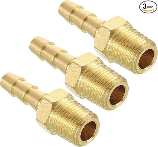 Pack of 3 Brass Hose Barb Fittings Adapter Connector 3/16" Hose Barb to 1/8" NPT Male Fittings for Home Machines, Massage Bathtubs, and Irrigation Systems