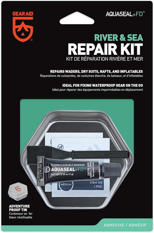 GEAR AID Aquaseal FD River & Sea Repair Kit – Waterproof 0.25 oz Adhesive with Four Tenacious Tape Hex Patches (2.5", Black and Clear) for Fixing Holes in Waders, Boots, Inflatables, and Outdoor Gear
