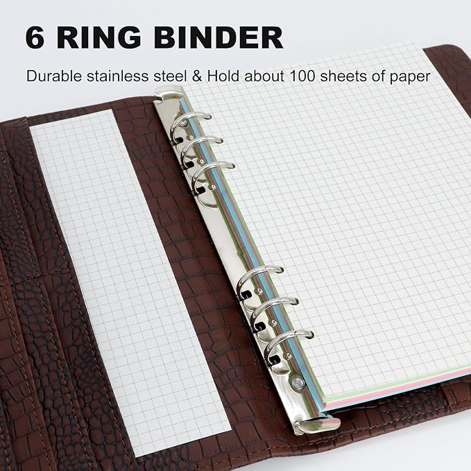 Convend A5/A6 Refillable 6 Ring Binder Cover, Crocodile-Embossed PU Leather with Magnetic Closure, Premium Look and Feel, Compatible with Standard Planner Inserts,(Brown)