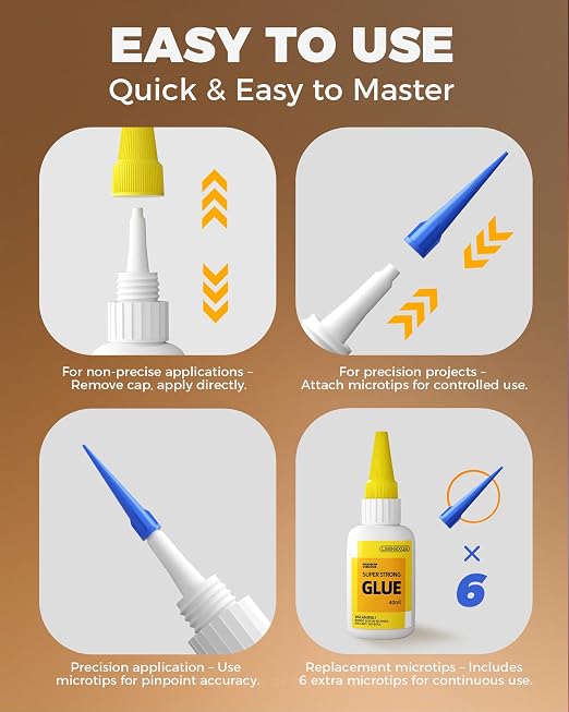 Super Glue for Plastic, PLA, ABS, PETG, PC, ASA, Acrylic, PVC, Fast Drying Clear Gel CA Adhesive for 3D Prints, Model Kits, RC Parts & Repairs with 6 Precision Tips, 40ml