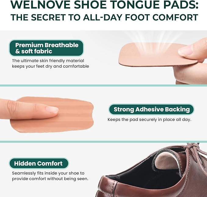 Welnove Tongue Pads Inserts for Shoes - Tow Size in One Pack - 8 Pcs Shoe Padding Cushion Soft Self Adhesive Inserts Filler for Boots, Leather Shoes, Dress Shoes, Loafers - Size S & L
