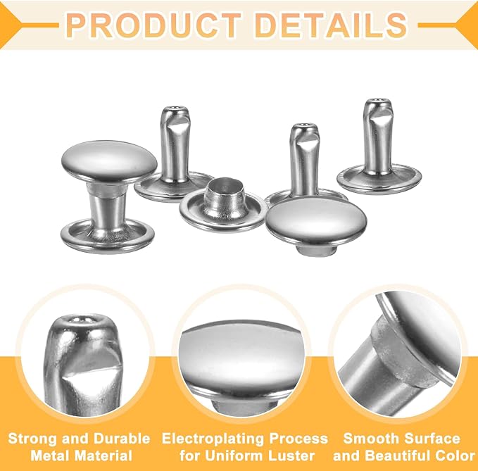 uxcell 120Set Leather Rivets, 8mm Double Cap Rivet Tubular Metal Studs Repairs Decoration Craft Accessories for Repair Decorate Leather Craft Belt Bag Shoes Purse Belts, Silver